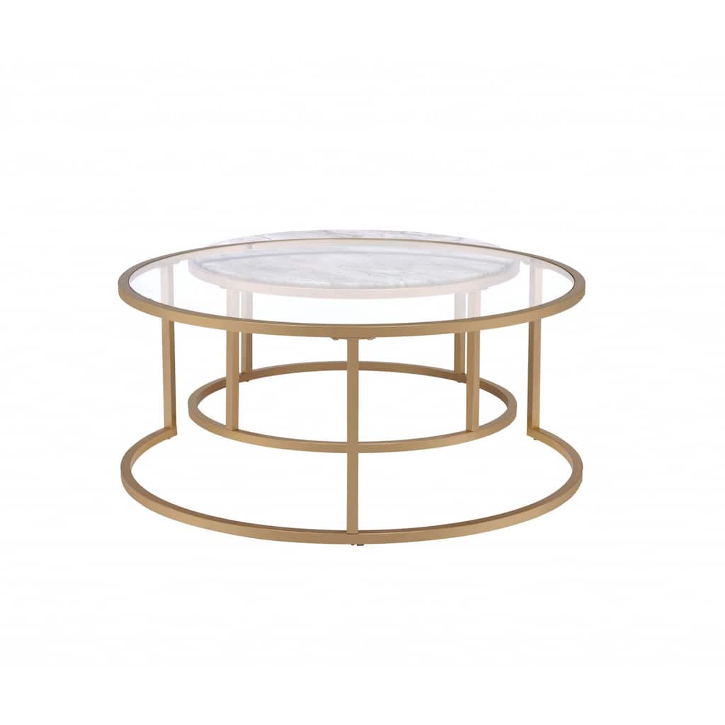 Set of 2 Round Nesting Coffee Tables Glass Faux Marble Gold Metal Frame - 36” x 36” x 16”