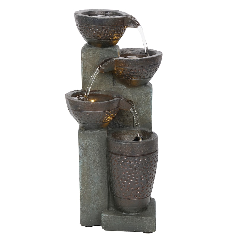 Alpine Corporation TZL412 14" Stoned Jar Cascading Water Fountain with LED Lights for Home, Office, and Desk Decor, Grey