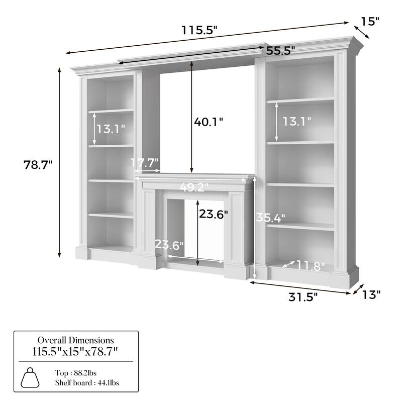 Electric Fireplace Mantel with Bookshelves, 115.5" Entertainment Center with Built-in Shelving