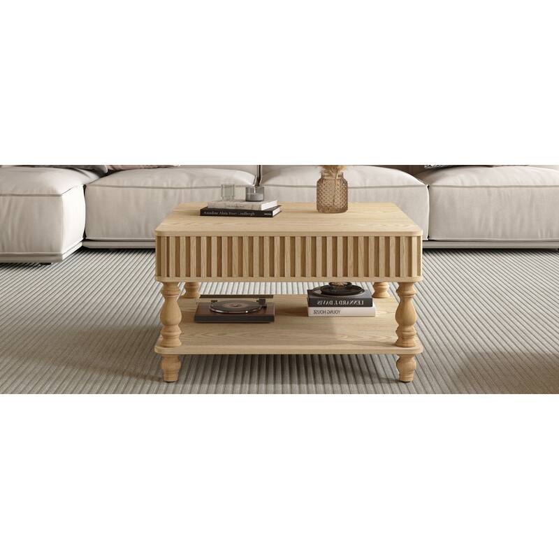 31.5 Inch Square Fluted Lift-Top Coffee Table with Hidden & Open Storage, Hydraulic Raising Mechanism, Retro Solid Wood Legs
