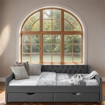 Queen Size Upholstered Tufted Daybed with Drawers and Copper Nail