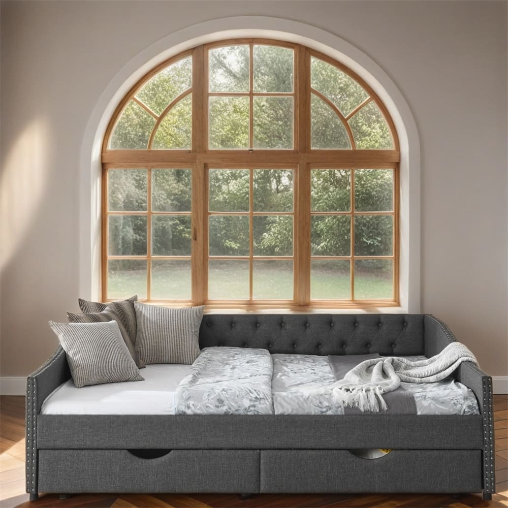 Queen Size Upholstered Tufted Daybed with Drawers and Copper Nail