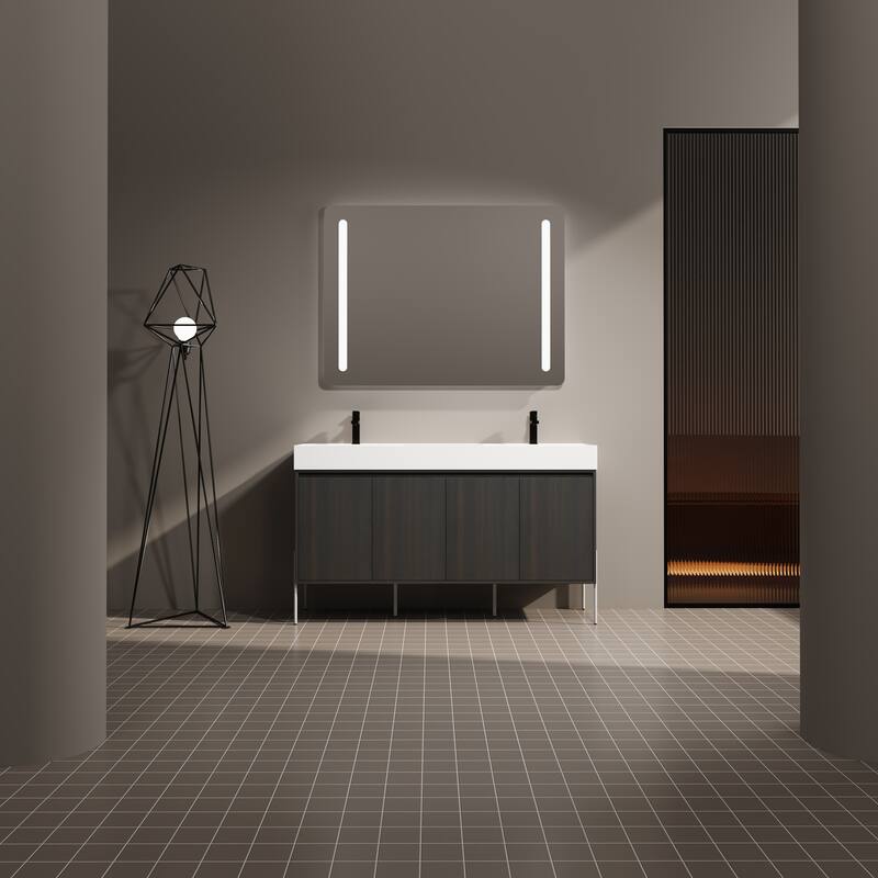 GDFStudio - Sydney Modern Freestanding Bathroom Vanity Cabinet with Double Resin Sink & 4-Soft Closing Doors - 60" - 60" - Dark Oak