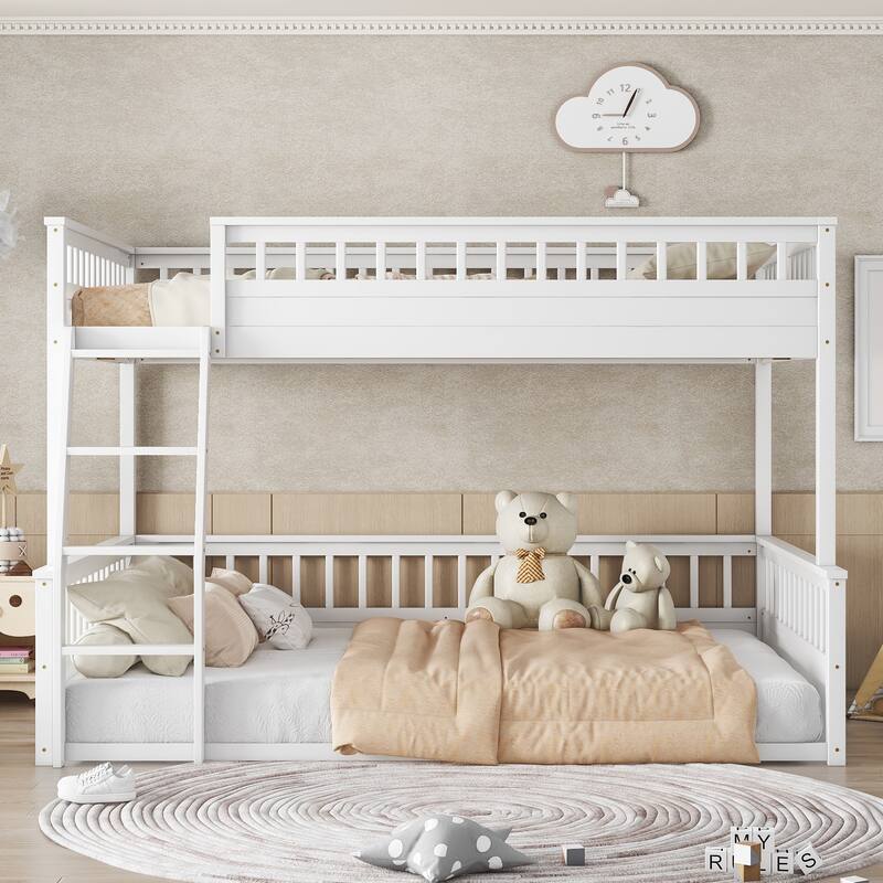 Full XL Size Loft Bed & 3 Sided Guardrails Queen Size Platform Bed, Full XL Over Queen Bunk Bed with Guardrails and Ladder