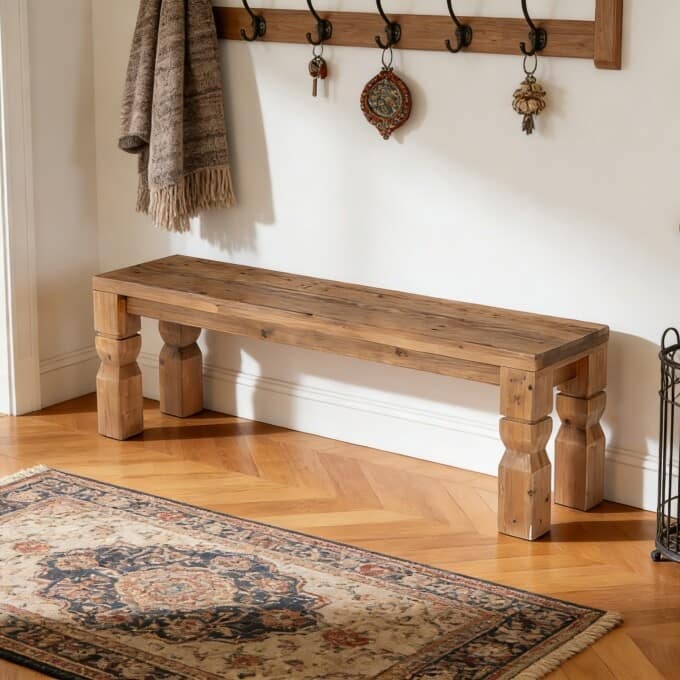 55" Solid Wood Entryway Shoe Bench, Farmhouse End of Bed Bench