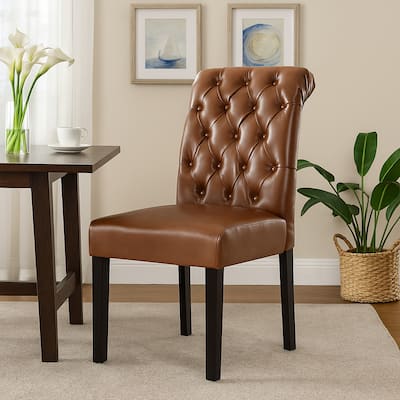 Mein Dining Chair Set of 2, Tufted Back Rolled Top, Brown Faux Leather