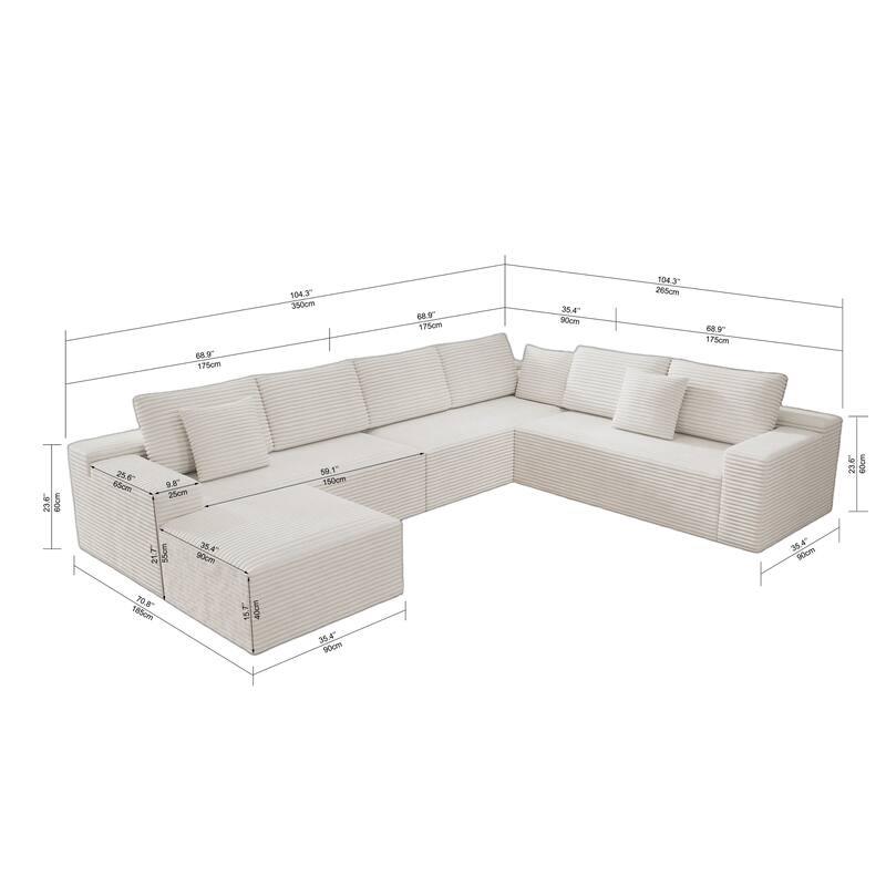 Roomfitters 137.8" Modular Sectional Sofa, 4-Piece Compressed Cloud Couch, No Assembly Required, Plush Corduroy, White