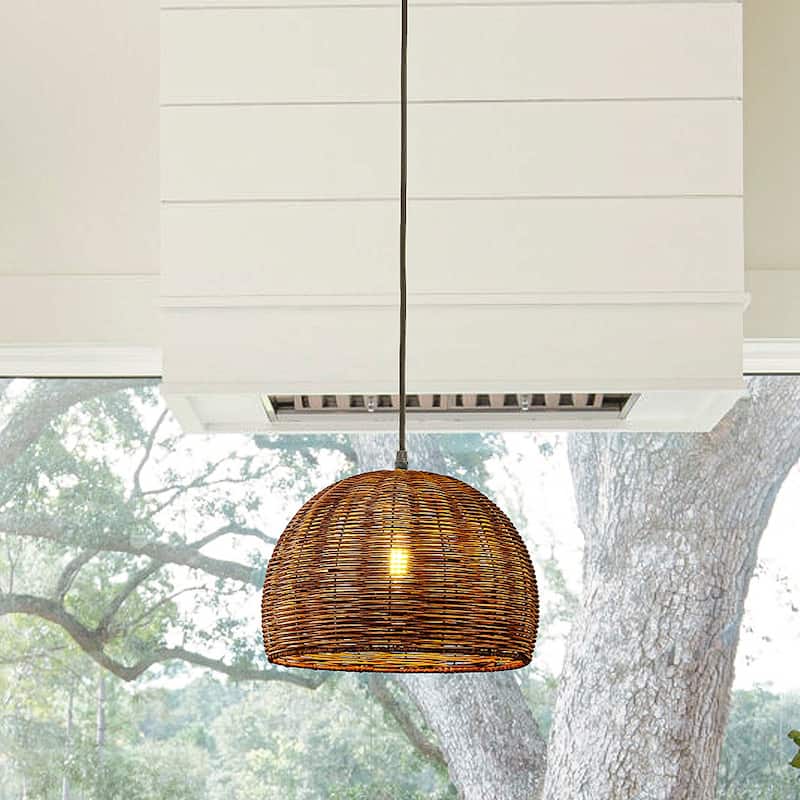 OB-1-Light Handcrafted Natural Rattan Dome Rustic Farmhouse Pendant Light Coastal Beach Rope Woven Hanging Lamp - W12''