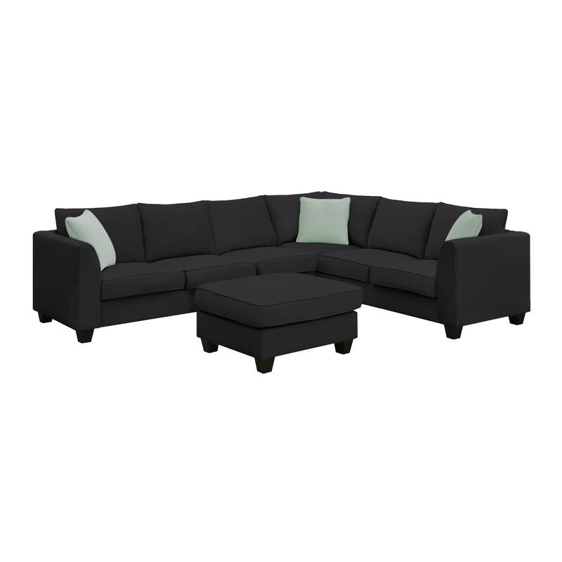 Black 112'' Spacious L-Shaped 7-Seat Modular Sectional Sofa with Ottoman and 3 Pillows, Durable Wood and Iron Frame