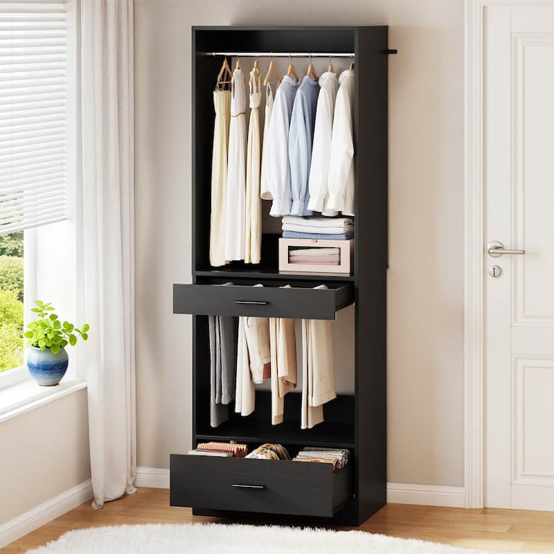 Qvella 23.6'' W Closet System with Hanging Rods and Wooden Drawers, Modular Walk-In Closet Organizer with Pants Rack