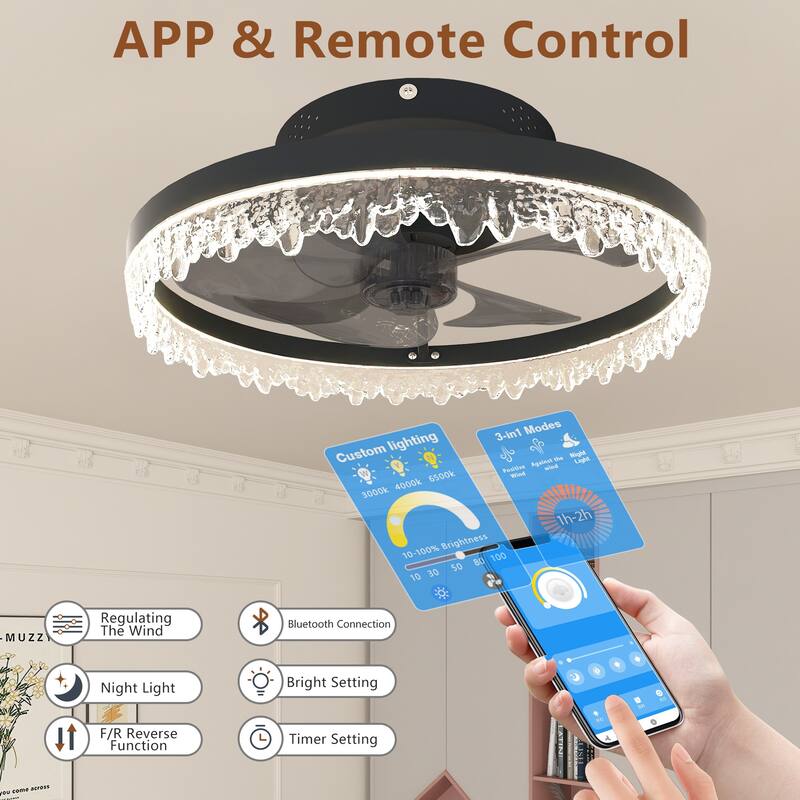 LunaDrift 16"20"24" Modern Black Crystal Smart Flush Mount Ceiling Fan with Light, Dimmable Bedroom Ceiling Fan w/Remote