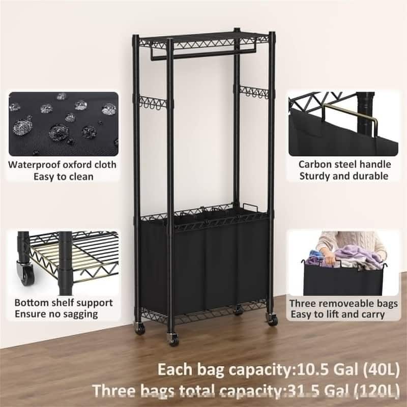 Rolling Laundry Basket Organizer with Wheels and Hanging Bar - 14.17"D x 31.1"W x 72.8"H