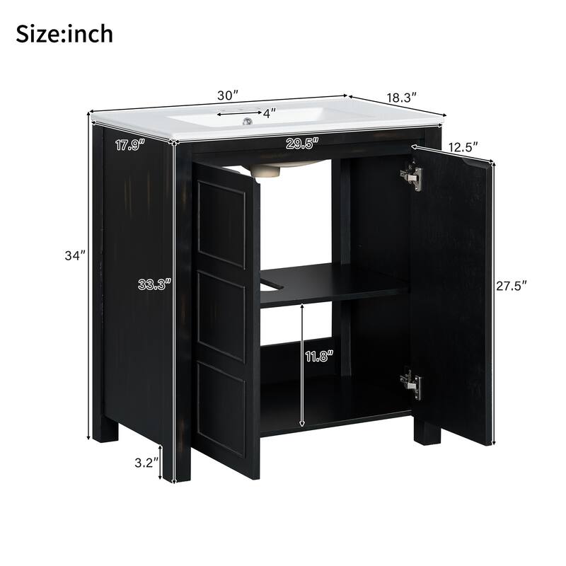 30" Rustic Bathroom Vanity with Ceramic Sink, Soft-Close Doors, Adjustable Shelf & Modern Wood Frame