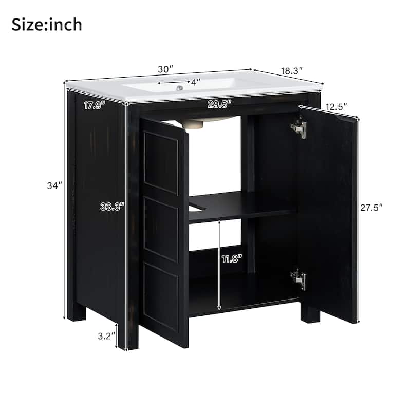 Center Rectangular Ceramic Sink Bathroom Vanity Cabinet with Adjustable Shelf, 30 Inch