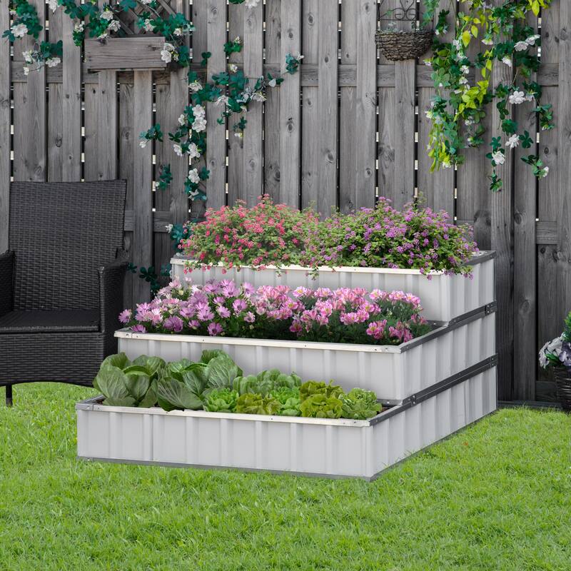 Outsunny 3-Tier Metal Raised Garden Bed, Elevated Outdoor Planter Box Kit for Vegetables, Herbs, and Flowers - White