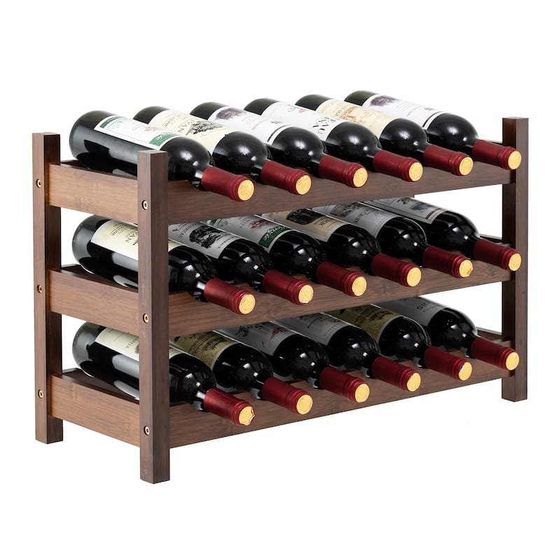 Gymax 3 Tier 18 Bottle Wine Storage Cabinet Shelf Bamboo Wine Rack for - Brown