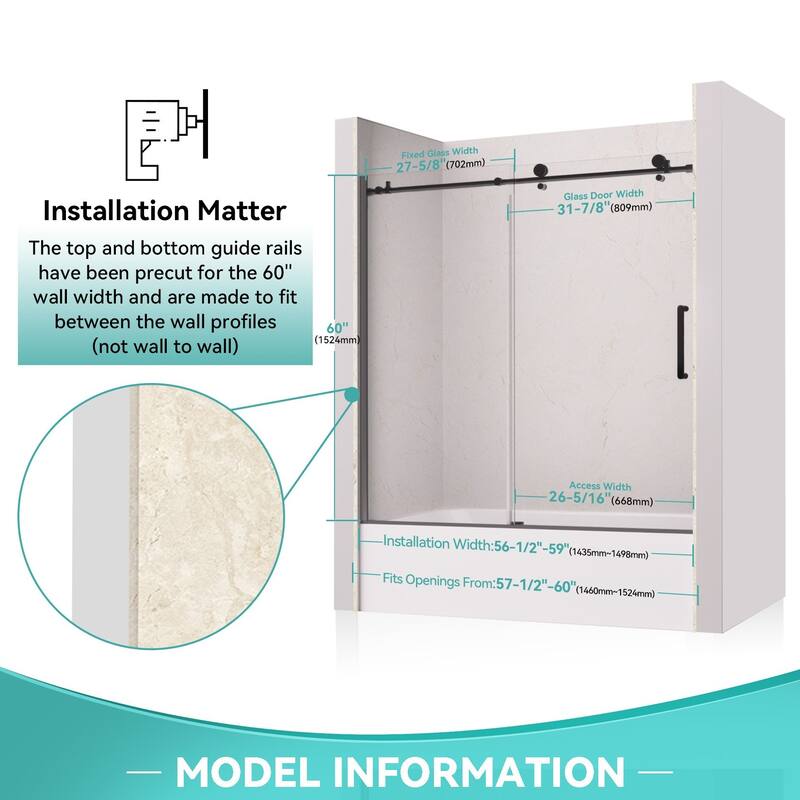 i-Homare 55 - 59 in.W x 60 in.H Tub Sliding Shower Door with Soft Closing System