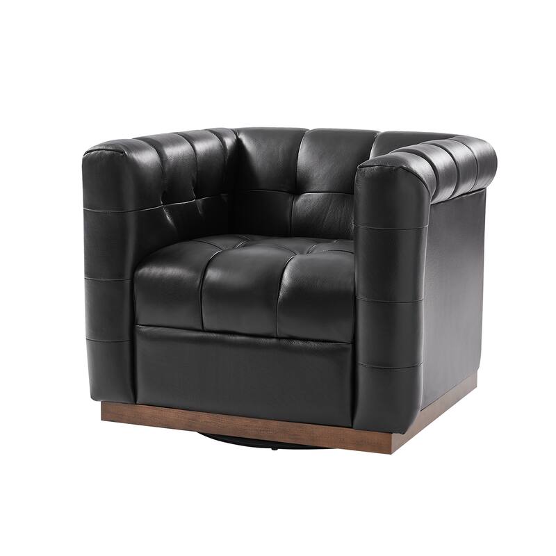 Jeremias Mid-certury Modern Genuine Leather Tufted Swivel Club Chair with Wooden Apron by HULALA HOME