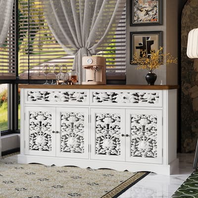 Classic White Sideboard Cabinet with Carved Doors and Rustic Metal Hardware Buffet Display Cabinet