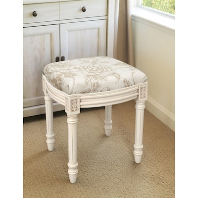Taupe Peony Vanity Stool with antique white finish