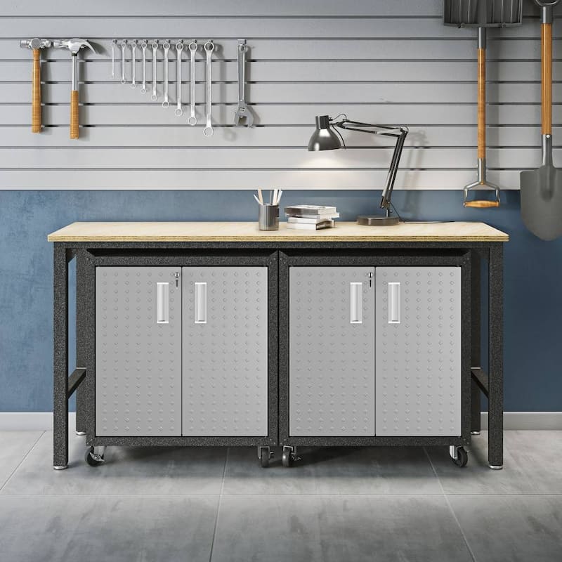 3-Piece Fortress Mobile Space-Saving Steel Garage Cabinet and Worktable 1.0 in Grey