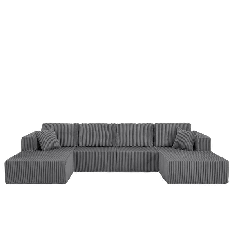 U-Shaped Modular Sectional Sofa with Dual Chaise Lounges, Oversized Corduroy Boneless Couch, Compressed Sofa with Pillows