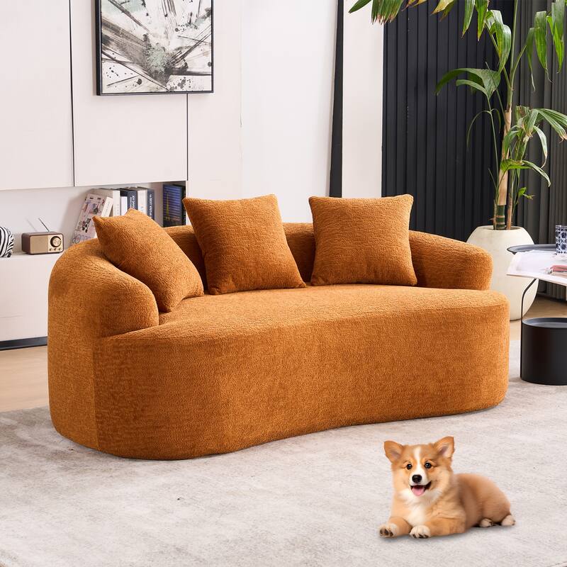 Chenille Deep Seat Loveseat Sofa, Full Compression Sponge Curved Loveseat Sofa, Cloud Floor Couch with 3 Pillows - Orange