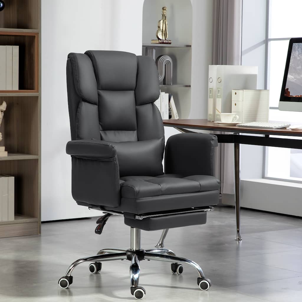 Black Leather Ergonomic Chair Reclining Chair with Footrest, Office Executive Chair Swivel Chair with Lumbar Support