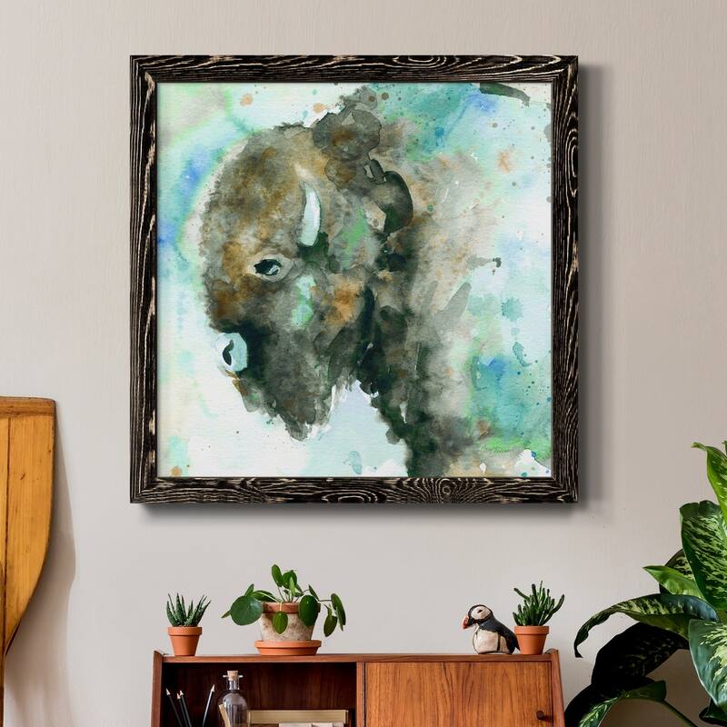 Buffalo On Blue-Premium Framed Canvas - Ready to Hang