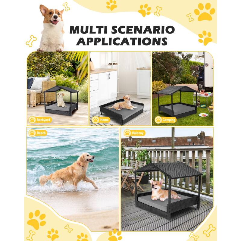 2 In 1 Wicker Pet Bed With Cushion and Canopy, Dog House