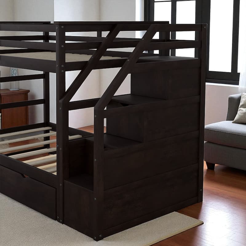 Twin Over Twin Bunk Bed with Trundle and 3 Storage Stairs, Solid Wood Frame, No Box Spring Required
