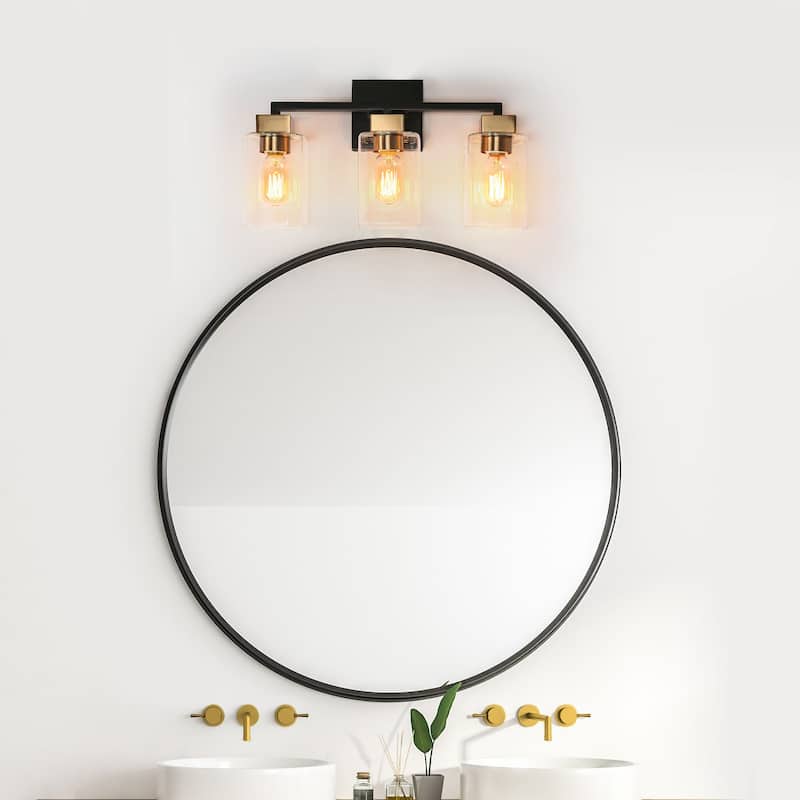 Modern Farmhouse Black Gold 3-Light Square Bathroom Vanity Light Glass Wall Sconces - L 18" x W 5.5" x H 10"