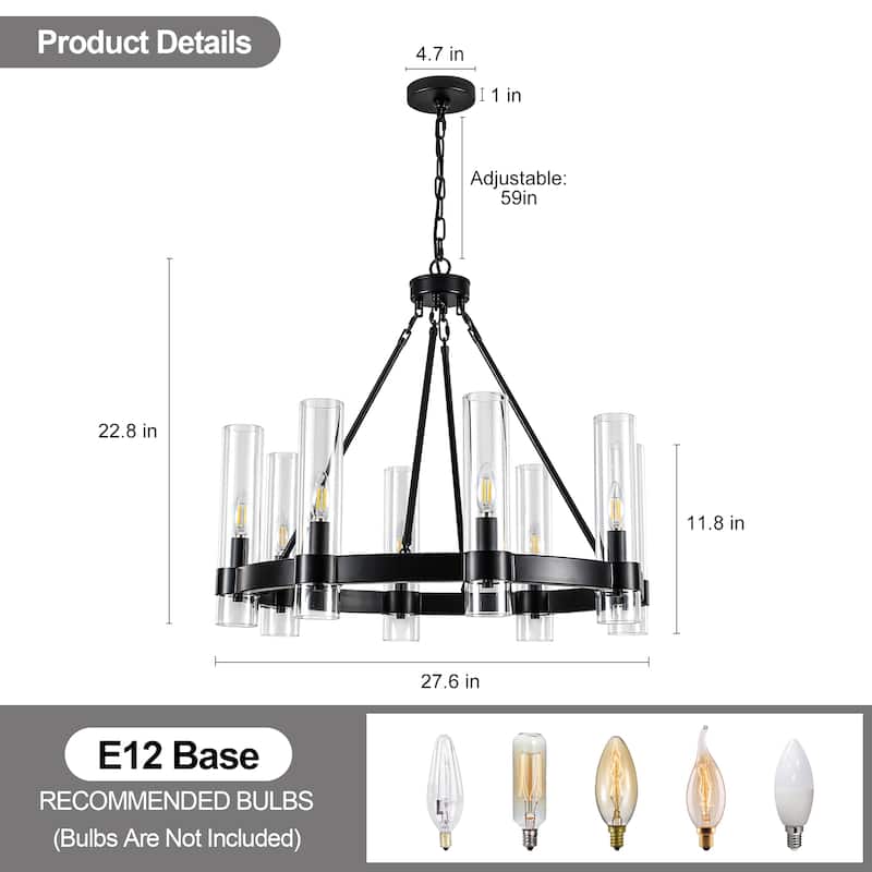 8-Light Industrial Wagon Wheel Chandelier with Glass