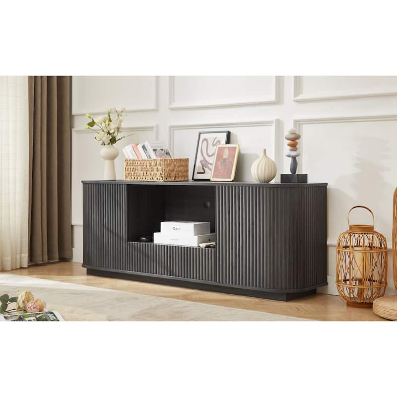 Mid-Century Modern Sideboard Storage Cabinet TV Stand with Drawer & Shelves, 64-Inch Wooden Wavy TV Cabinet with Open Storage