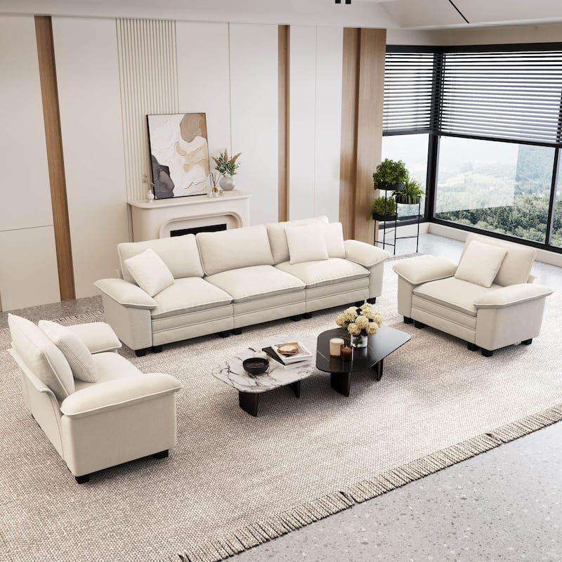 MAISON ARTS Chenille & Corduroy Modular Sectional Sofa Set, Comfy 5/6/7-Seat Living Room Couch with 3-Seater or Loveseat - Beige Chenille ( 5 Pieces )