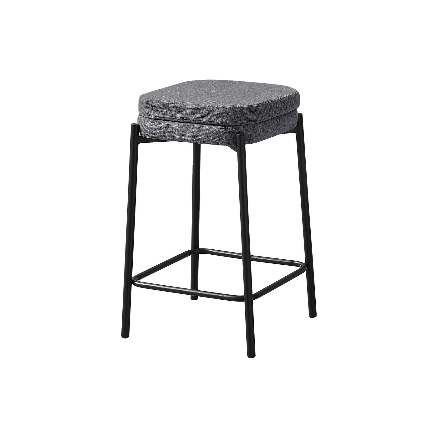 Barstool, Counter Height, Set Of 2, Kitchen, Grey Fabric, Black Metal, Contemporary, Modern