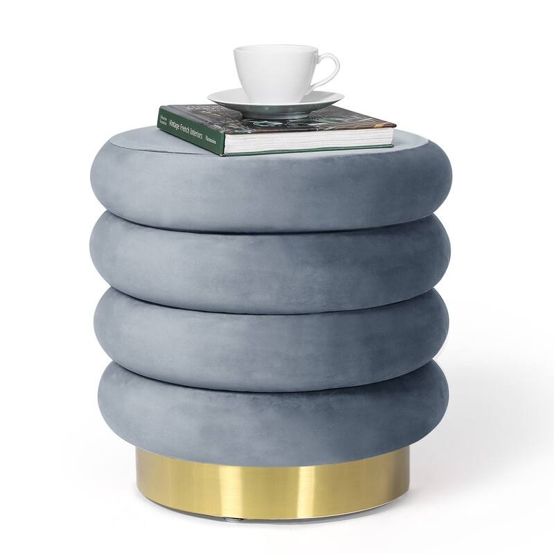 Adeco Modern Round Velvet Storage Ottoman with Gold Plating Base