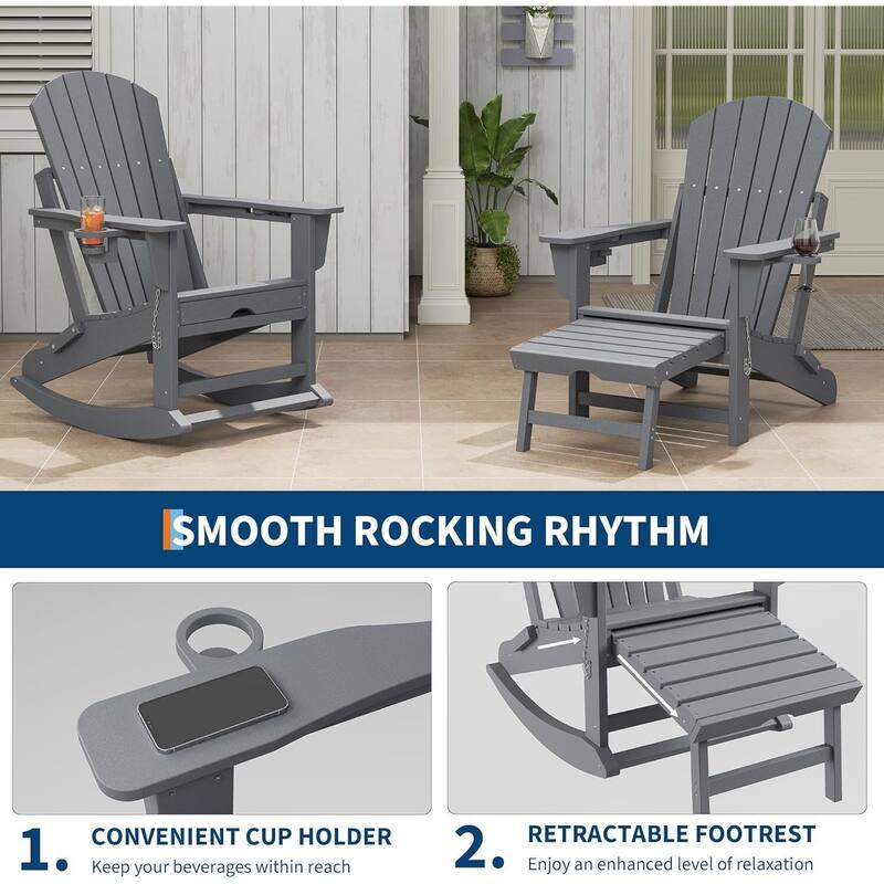 Folding Rocking Adirondack Chair with Retractable Ottoman and Cup Holder