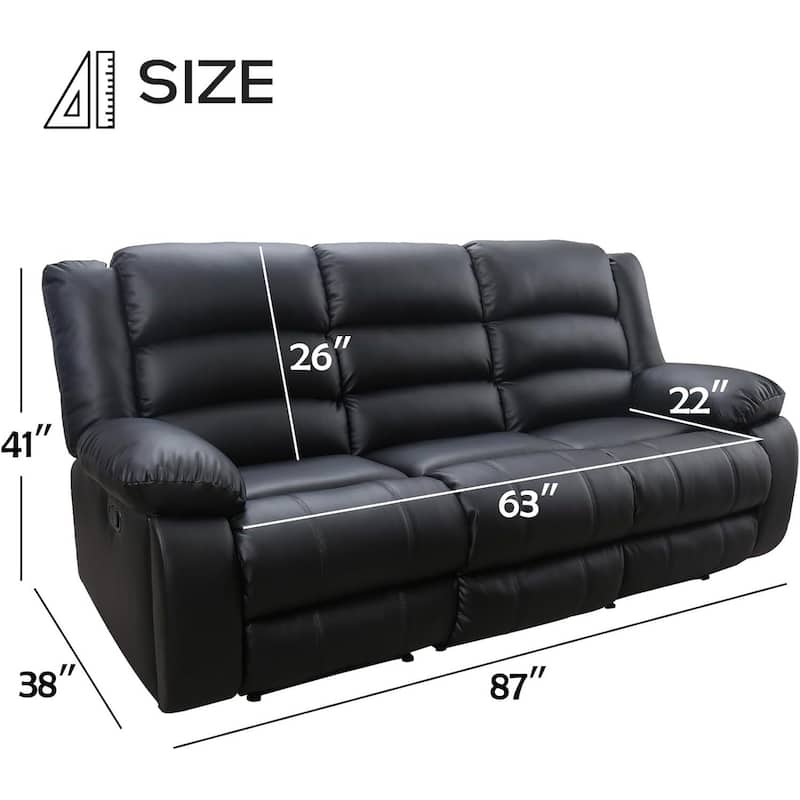 Faux Leather Manual Reclining Sofa with 2 Concealed Cup Holders, Overstuffed Armrest 3 Seat Recliner Couch for Living Room