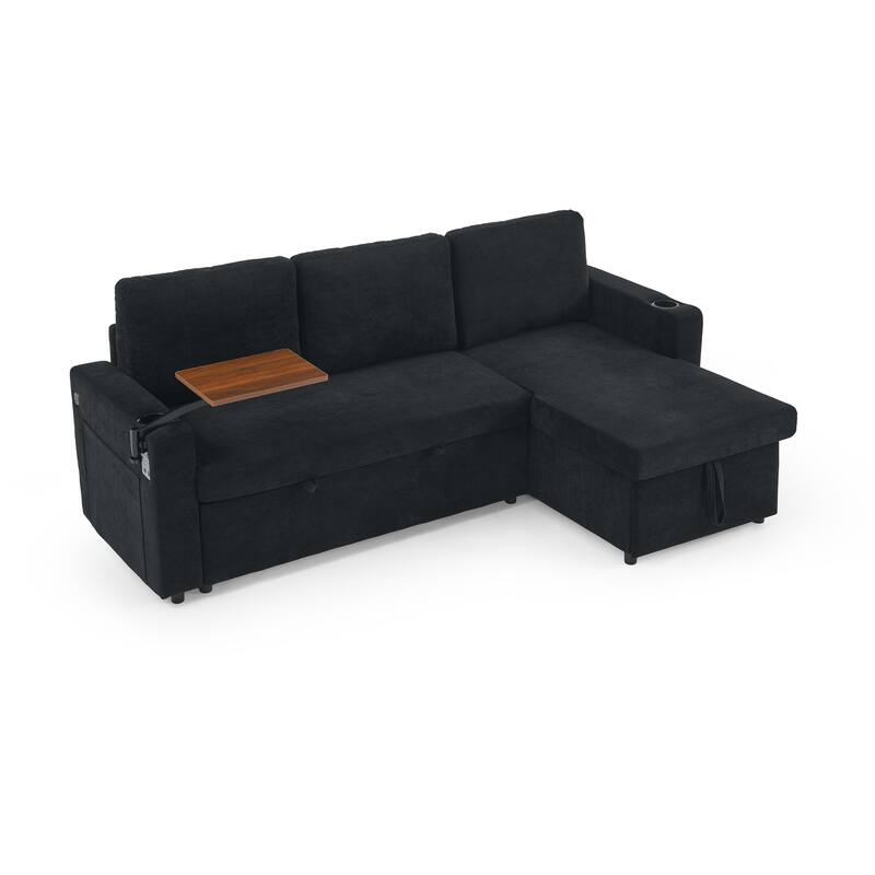 Roomfitters Modern Chenille Pull-Out Bed Sofa with Retractable Table, LED Lighting, USB Ports and Cup Holders