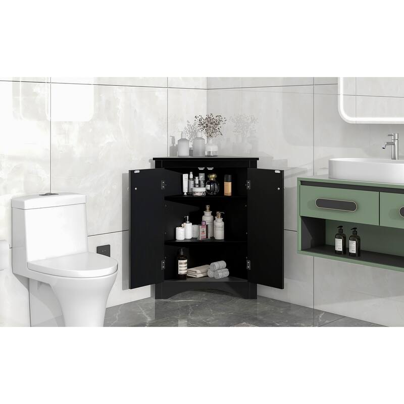 Triangle Corner Storage Cabinet, Freestanding Floor Cabinet, Double Door Bathroom Cabinet with 2 Tier Adjustable Shelves