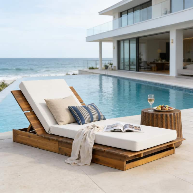 Christopher Knight Home - Modern Indoor/Outdoor Acacia Wood 3-Position Adjustable Chaise Lounge with Water-Resistant Cushion