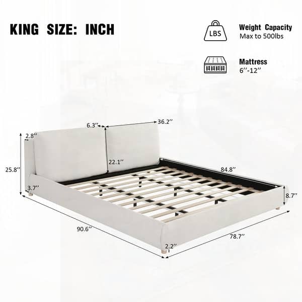 dimension image slide 6 of 11, Upholstered Platform Bed with Curve-Shaped Design Headboard