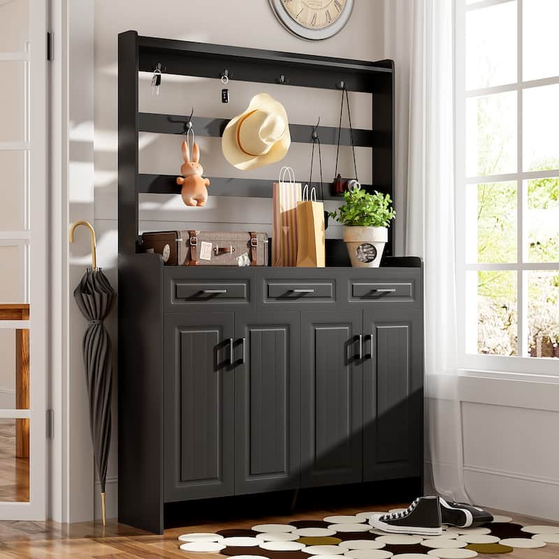 51.2" 4 Door Coat Rack with 3 Drawers,8 Shelves,Hooks and Handles - Black