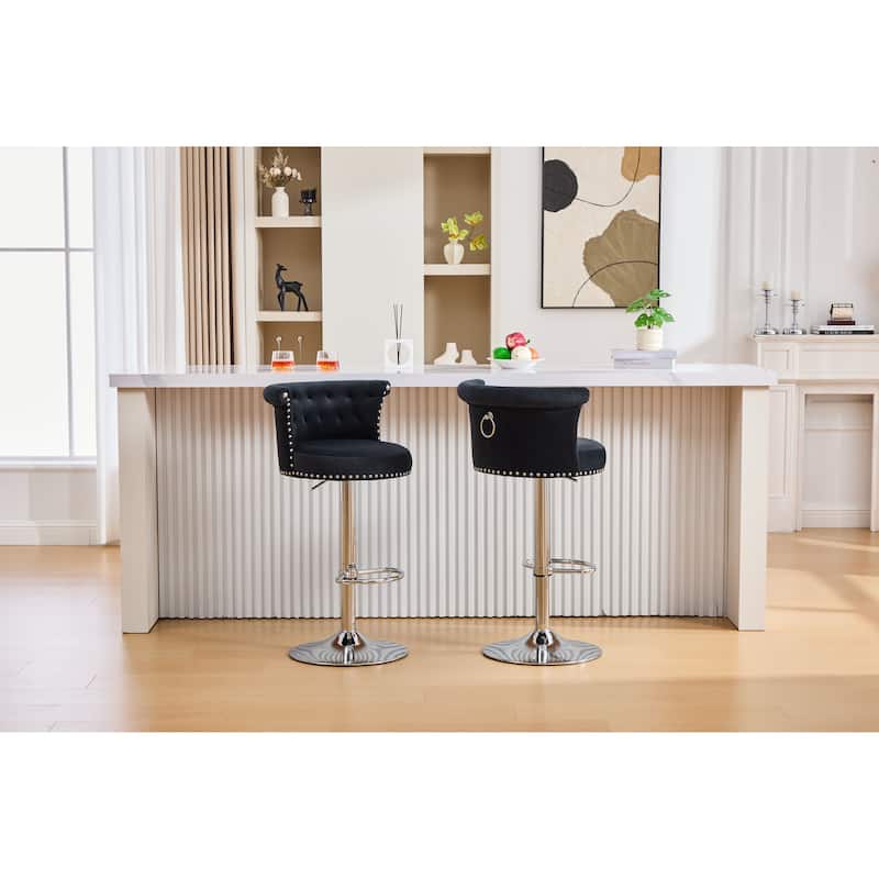 Velvet Upholstered Bar Stool Set of 2, Adjusatble Height Swivel Bar Stools, Dining Chairs with Curved Backrest & Footrest