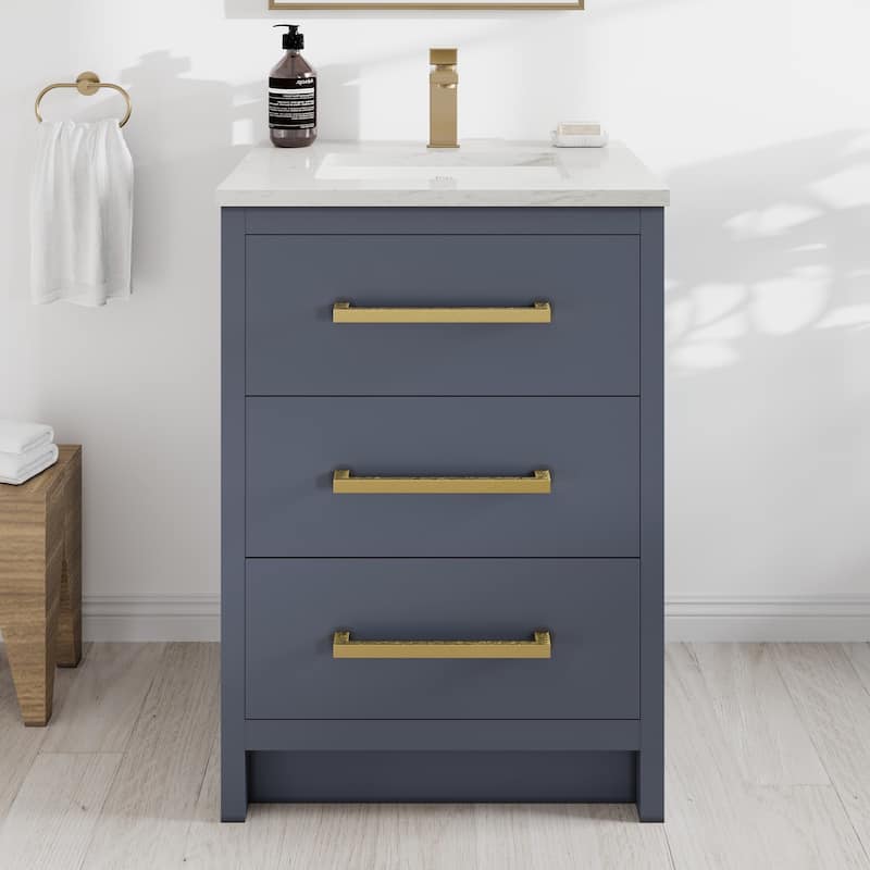 Eviva Curio Bath Vanity with WH Carrara Quartz Top and Undermount Sink - 24" - Dark Blue
