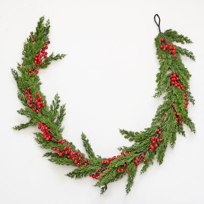 65" Christmas Artificial Red Berries Evergreen Pine Cypress Garland - Multicolor - 65