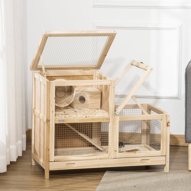 Natural Fir Wood Hamster Cage with Plexiglass Window and Multi-Level Play - 30.75"L x 16.25"W x 23.5"H