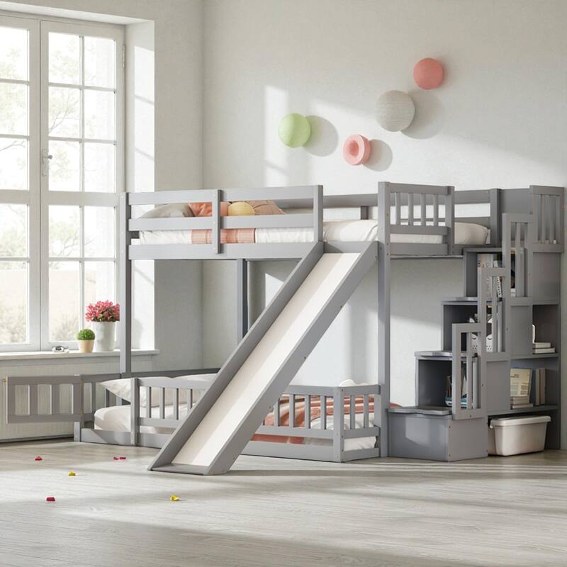 Twin Over Full Bunk Bed with Slide and Storage Staircase, Solid Pine Wood Frame with Guardrails and Drawers