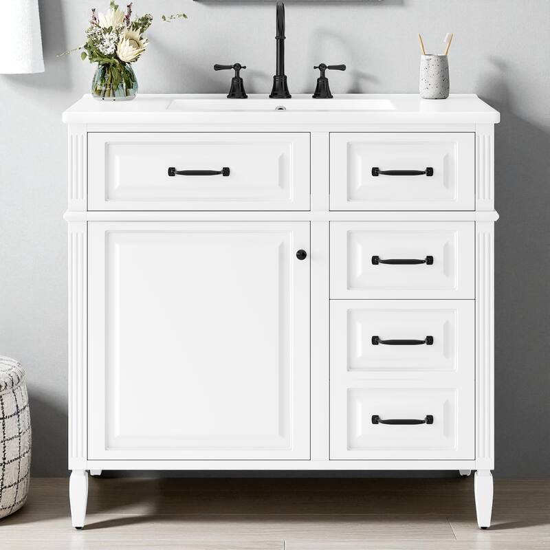 36-Inch Bathroom Vanity with Ceramic Sink, Solid Wood Frame, Flip Drawer and Adjustable Shelf - White